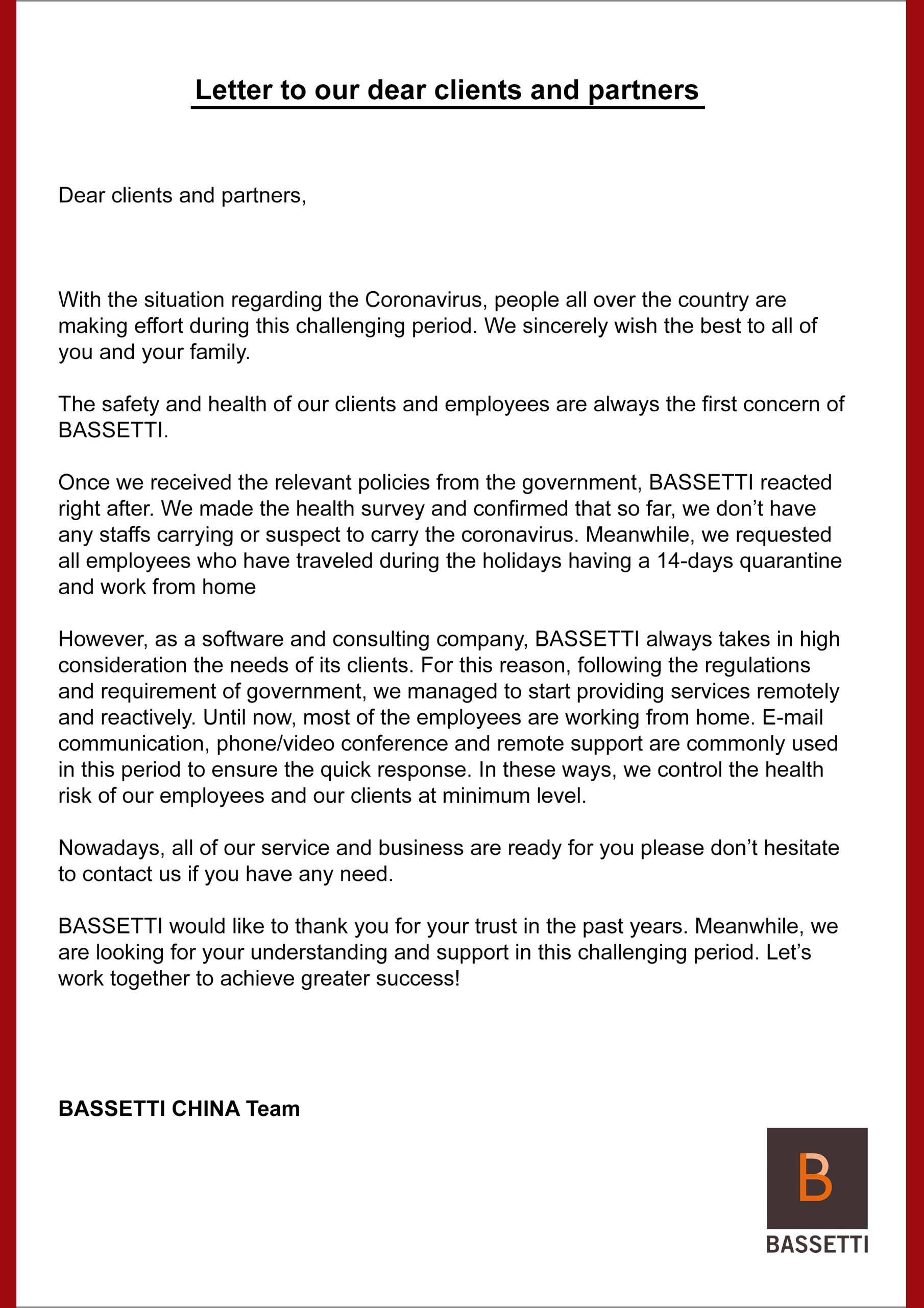 Letter to Our Clients & Partners during covid